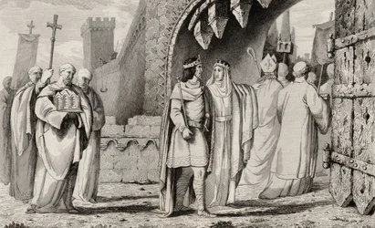 1840年頃に出版された、Colartの「Histoire de France」からの宗教的行列におけるChilperic I（539-84）