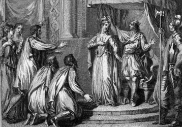 ネウストリアの王チルペリック1世（539年頃～584年）は、568年に妻である王国の女王フレデゴンデ（545年～597年）を戴冠させた。18世紀のエングレーヴィング。