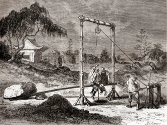 塩水を採取するために井戸を掘る19世紀の中国人労働者（1870年頃発行の「Les Merveilles de la Science」より）（エングレーヴィング