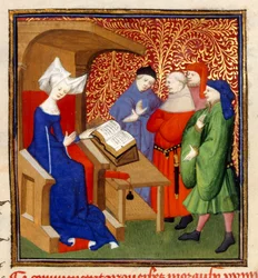 Christine instructing、MS Harley 4431、f.259v、フランス、c.1410-14（羊皮紙の色）