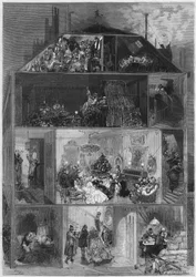 クリスマスイブ：大晦日を祝うための様々な方法を紹介するパリの建物の断面図。1872年10月19日付「Le Monde Illustré」810号に掲載された版画。