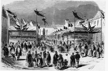 アルザスのクリスマス祭り：1857年にストラスブールで開催された（小さなイエスの）クリスマスフェア。1月2日付の「Le Monde Illustré」38号に掲載された図版