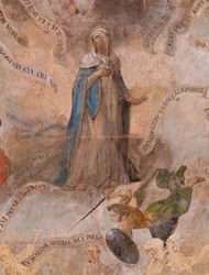 教会（Eglise Saint-Jean-Baptiste）。内部の様子。サン・フルーシー礼拝堂壁画。マリアの賛美（fresque dite de la bonne mort）。17世紀初頭。
