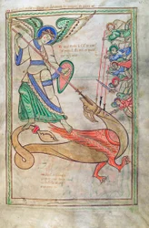 タラ。グエルフ。 1 Gud。緯度。 15r、Saint Michael Fighting the Dragon、Liber Floridus、Lambert de Saint-Omer c.1120