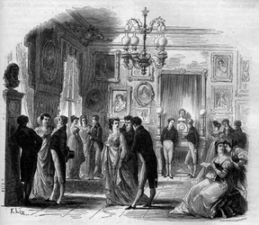 コメディ・フランセーズ：フランスのコメディアン、フランソワ・ジョゼフ（Francois Joseph）タルマ（1763～1826）とアンヌ・ブーテ（Anne Boutet, dit Mademoiselle Mars）（1779～1847）がいる芸術家のホワイエの風景。1867-1868年のエングレーヴィング。