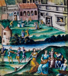 お城の中庭でのコンサート。電子メールでの絵画、フランス派