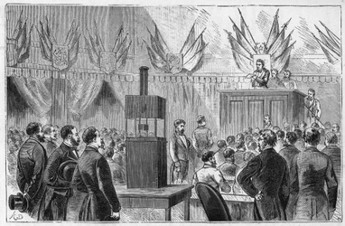 1882年、パリのパレ・ド・ランデュストリーで開催された国際電気博覧会の電気技師会議 - アレクシ・クレールによる『万人の手の届く科学 - 一般向け物理学と化学』所収の版画 - 19世紀末。個人蔵。