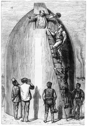 ロケットの建設、ジュールヴェルヌ（1828〜1905）による地球から月へのイラストパリ、ヘッツェル、1865年に出版