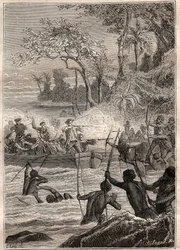 矢印で続きます。フィリップ・カータレット（Philippe de Carteret）（1733-1796）による1767年のサンタ・クルス島、ノテメリー島、ネンド島（Santa Cruz, Ndeni, Nitendi, or even Ndende）への旅 - 図版は「The Great Mariners of the 18」から引用。