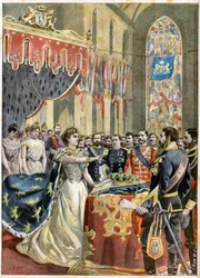 オランダのウィルヘルミナ女王の戴冠式。オランダ女王ウィルヘルミネ(1880-1962)の戴冠式(ウィルヘルミナ・ヘレナ・ポーリン・マリア・ファン・オランイェ・ナッソー) - アムステルダムのNieuwe Kerkで - 『Le petit Journal』のイラスト