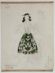 オペラカヴァレリアルスティカーナの衣装デザイン、ピエトロマスカーニ（1863-1945）（紙に鉛筆とトイレ）