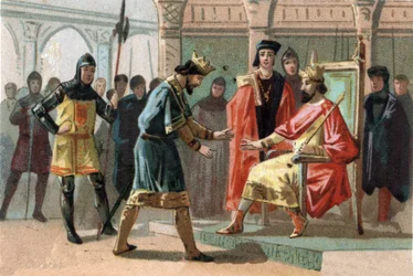 コルトレイクの住民に脅かされたルイ・ド・クレシー伯爵は、フランス王シャルル・ル・ベル（1294-1328）に助けを求めた。1890年頃のクロモリトグラフ。