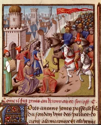 十字軍：聖地のフランス軍の帰還。Vincent de Beauvais（1190-1264）がJean de Vignayによってフランス語に翻訳された "Le miroir historial"（Speculum Historiale）（ms.1196, fol.372）の中のミニチュア。