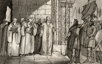 ダゴベール（603-39）コラートの「ヒストワールドパリ」から、セントデニスで旗を下ろす、1840年頃出版