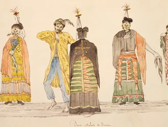 モルッカ諸島のブル島に伝わるダンス ジュール＝ルイ・ルジューヌの水彩画 「世界一周の船旅」より