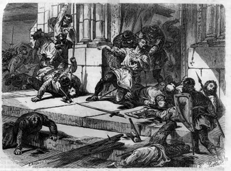 ジョン助祭はラトランの宮殿の扉を壊させる。モーリス・ラシャトレ著「Histoire des Papes-Rois-Queen and Empereurs a travers les centuries」に掲載されている版画。