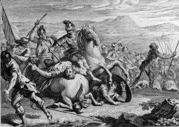 アラリック2世の死、507年507年、ヴイユの戦いで西ゴート族の王アラリック2世（484-507）を殺害するフランク族の王クローヴィス1世（465-511）。18世紀のエングレーヴィング。