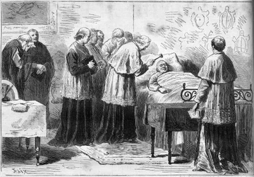 教皇ピウス9世（ピオ）（1792-1878）の断頭台：教皇の死を認識する儀式。枢機卿が銀のハンマーで故人の額を叩く。1878年2月16日付「Le Monde Illustré」1089号に掲載されたエングレーヴィング。