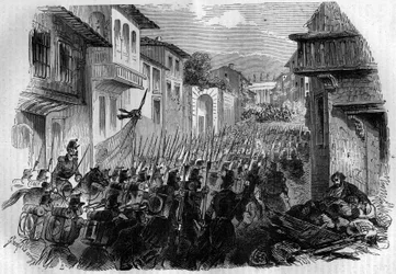 フランス軍とのローマ防衛戦。ウディノ将軍は、1849年6月30日のジャニクルの戦いでローマを占領し、7月には教皇ピウス9世に答えるために革命家たちを追いかけた。Histoire des Papes-Rois-Queen and Empereurs a travers les centur」に掲載された図版