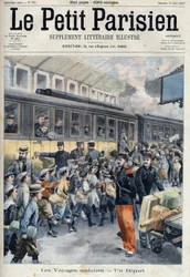 修学旅行で駅に出発。子供たちが列車に乗り込む、" Le petit Parisien "では