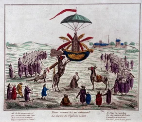 ジャン＝ピエール・ブランシャール（1753-1809）が想像した飛行機械に乗って、風刺飛行船を出発させる：ロバ、サル、盲人が、6枚の翼と舵を備えた奇妙な機械を見ている。18世紀末のエングレーヴィング。パリ、カーネギー美術館
