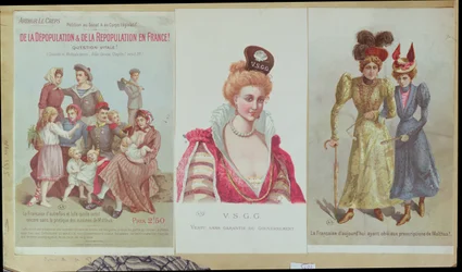 フランスの人口減少と人口増加、マルサス主義に反対するアーサールクレープの小冊子、1895年（カラー彫刻）