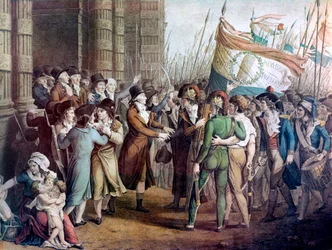 1793年5月31日、チュイルリー宮殿の議会を退出する国民公会議員たち - 「1793年5月31日」 - パリ、1793年5月31日：山岳派に敗れた後に国民公会を退出するジロンド派の前に立つ武装した市民たち、前景