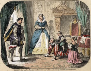 子供たちのレジャーや遊びについての説明。フランス王アンリ4世（1553-1610）が、スペイン大使の前で子供たち（おそらくフランスのルイ13世とエリザベート）と遊んでいる様子。メディシス王妃のメアリーも同席しています。プレート "les jeux de l