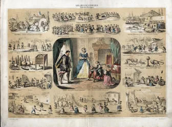 子供たちのレジャーと遊びの描写：中央にはスペイン大使の前で子供たち（おそらくフランスのルイ13世とエリザベート）と遊ぶヘンリー4世（1553-1610）。女王メアリー・オブ・メディシスもいる。