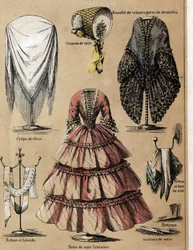 文化と絹製品の説明：クレープデシンのライム、レース付きベルベットコート、絹の袖、ファンシードレス。ジュール・デルブリュックが描いた悲観的な絵画、1860年のエングレーヴィング、「指示された娯楽」の中の "la soie "のプレート。プライベート・コレクション