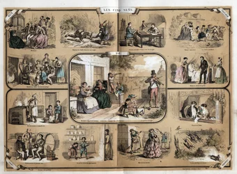 五感の説明：左から右へ、上から下へ、聴覚、触覚、嗅覚、味覚を見る。ジュール・デルブリュックによる悲観的な絵画、1860年のエングレーヴィング、"les Recreations instructives "の "Les cinq sens "のプレート。個人蔵。