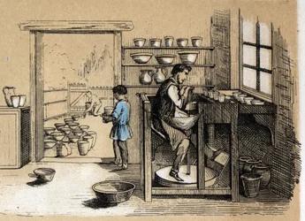 粘土の様々な製造工程と用途の説明：順番に作業する陶工。Les Recreations instructives "の "The clay and its products "のプレート ジュール・デルブリュックの共観図、1860年のエングレーヴィング。個人蔵。