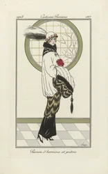 エルミンヌとポレキャットのアンサンブルのデザイン、『Costumes Parisien』1913年刊より（ポショワール版画）