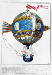 ディジョンで離陸する直径120フィートの熱気球の設計、c.1784（カラー彫刻）