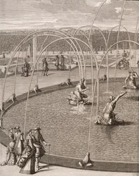 ヴェルサイユのディアナとアポロの泉の詳細、1715年頃に出版された「ヴェルサイユ宮殿と城の平面図、断面図、立面図」より（エングレービング）