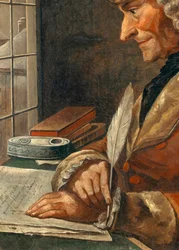 フランソワ・マリー・アルエ・ヴォルテール（1694-1778）の仕事場での肖像」の詳細 18世紀の絵画。薄暗い。0,43 x 0,35 m パリ、カルナヴァレ美術館 - 書斎のフランソワ・マリー・アルエ・ヴォルテール（1694-1778）の肖像。18世紀の絵画