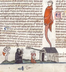 Detalhe de uma cena bas-de-page de um eremita sentado do lado de fora de uma taverna bebendo cerveja, c.1300-40 (tinta sobre pergaminho)