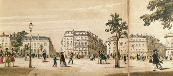 1840年頃、イタリアン大通りのパノラマの詳細（カラーリトグラフ