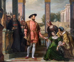 フランシス1世に父の恩寵を請うポワチエのダイアン（1499-1566） - deatil de "フランソワ1世に父の恩寵を請うポワチエのダイアン" 絵画：F.A. Bitter - 1828 - Le Mans, musee de Tesse