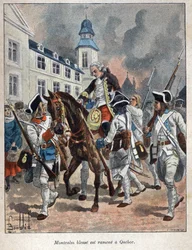 カナダを発見。ルイ・ジョセフ・ド・モンカルム（1712-1759）は、イングランド人によるクアベック市の包囲の際に負傷し、1759年にケベックに連れ戻されたフランスの将軍である。19世紀末、ユージン・グエナンの「La nouvelle France」に掲載された版画。