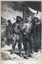 カナダから発見された：coureur des bois（アメリンド人との毛皮貿易に携わった）。バイヤードの絵。19世紀末、ユージン・グエナンの「La nouvelle France」に掲載された版画。