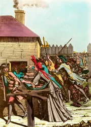 1709年、穀類の価格高騰と大飢饉を引き起こした大冬の後、ルーヴル美術館で行われた王のパンの配布。18世紀末のエングレーヴィング。個人蔵