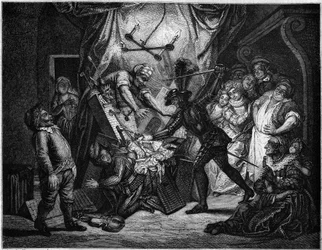 ドン・キホーテがムーア人だと思い込んだ人形たちと戦う。セルバンテス（1547-1616）の小説を挿絵化したシャルル・アントワーヌ・コワペル（1694-1752）の絵画に基づく、ヴェー・ボースによる版画。『ル・マガザン・ピトレスク』掲載
