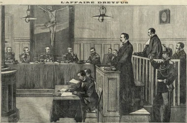 1898年のドレフュス事件：戦時評議会の聴聞会：エスターハージ司令官の裁判1898年の "Le petit parisien "に掲載されたエングレーヴィング。