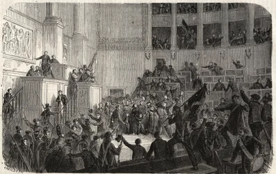 裁判官室のオルレアン公爵夫人（1848年）、フランス・パリ - 1848年の革命 - パリの裁判官室でのオルレアン公爵夫人（共和国の宣言時）」（Helene de Mecklembourg Schwerin, Duchess of Orleans tri
