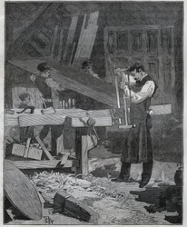 Ebenisterie：確立された場所で板を割るエベニストの労働者。Adolphe BITARDの "Les arts et metiers illustres "に掲載された1885年のエングレーヴィング。