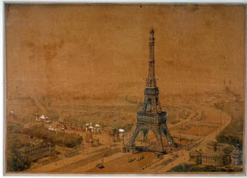 1886年のコンペのエッフェル塔計画は、1889年の展覧会のために改装されました。1886年の図面。パリ、国立公文書館