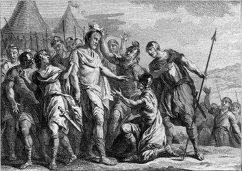 448年、メロヴィクスがサリ・フランク族の指導者に選出される。メロヴィング朝最初の王として458年まで統治した。18世紀の版画。