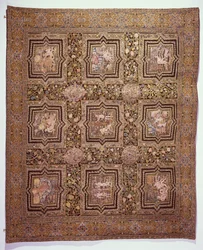 聖書のシーンが刺繍されたテーブルカーペット、1600年頃（リネンキャンバスにウールとシルク）