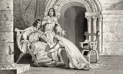 エームは、主権を認めて夫ラウル（d.936）の膝にキスをしました。